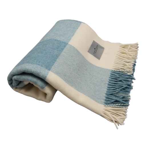 aqua blue block check merino lambswool throw