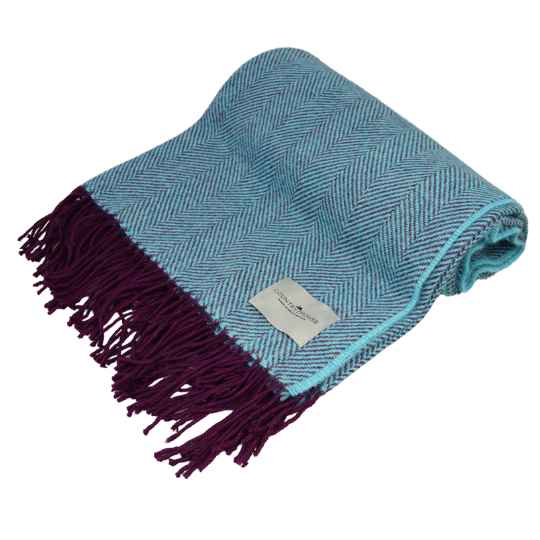 blackberry and sky blue herringbone wool throw