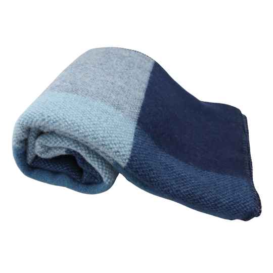 Blue Block Check Lambswool blanket rolled up.