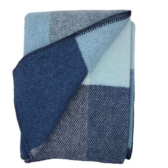 Blue Block Check Wool Blanket Folded