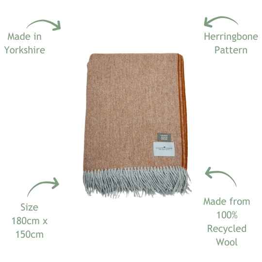 cinnamon recycled  wool throw features