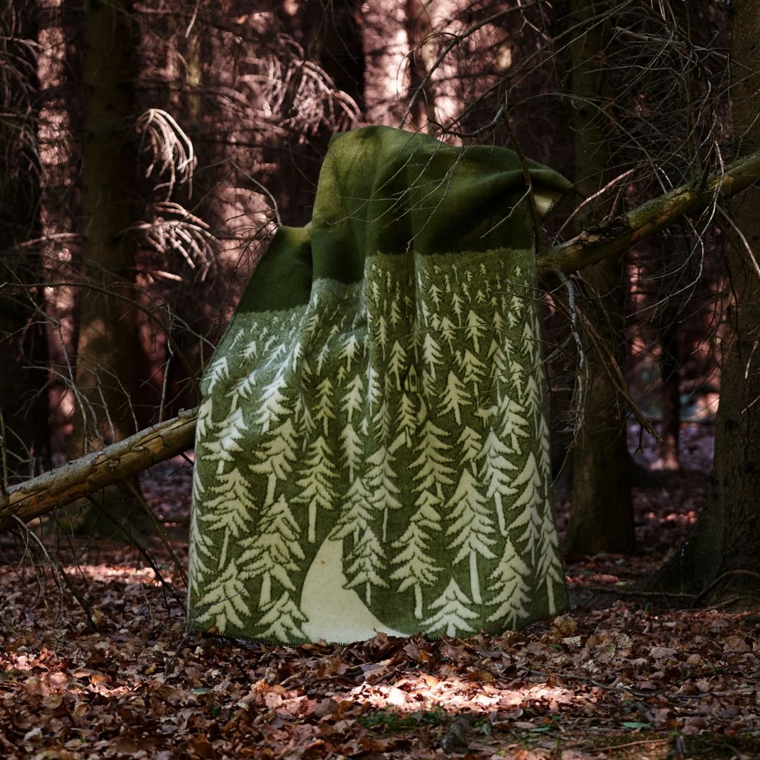 Green house in the forest wool throw, in a pine forest hanging over a tree.
