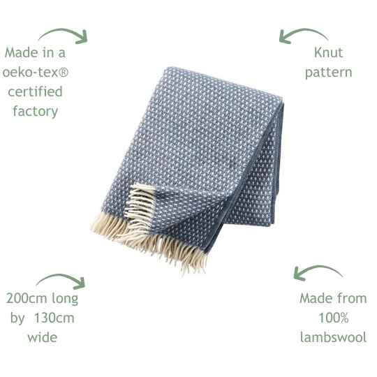 knut smokey blue wool throw showing the blankets features
