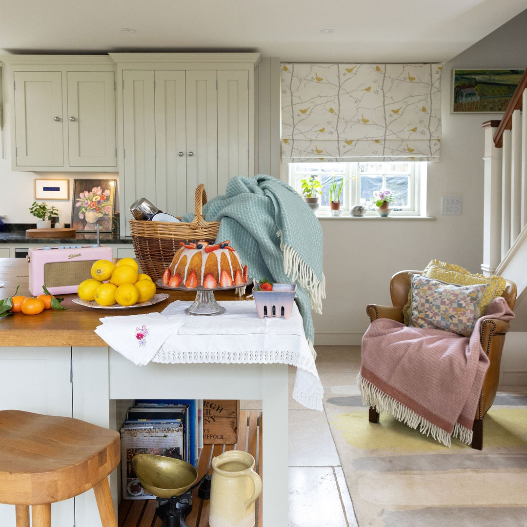 two wool throws in a kitchen with cake, fruit and a radio