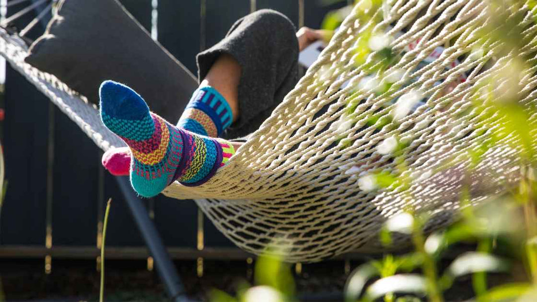 Solmate recycled cotton socks in a hammock