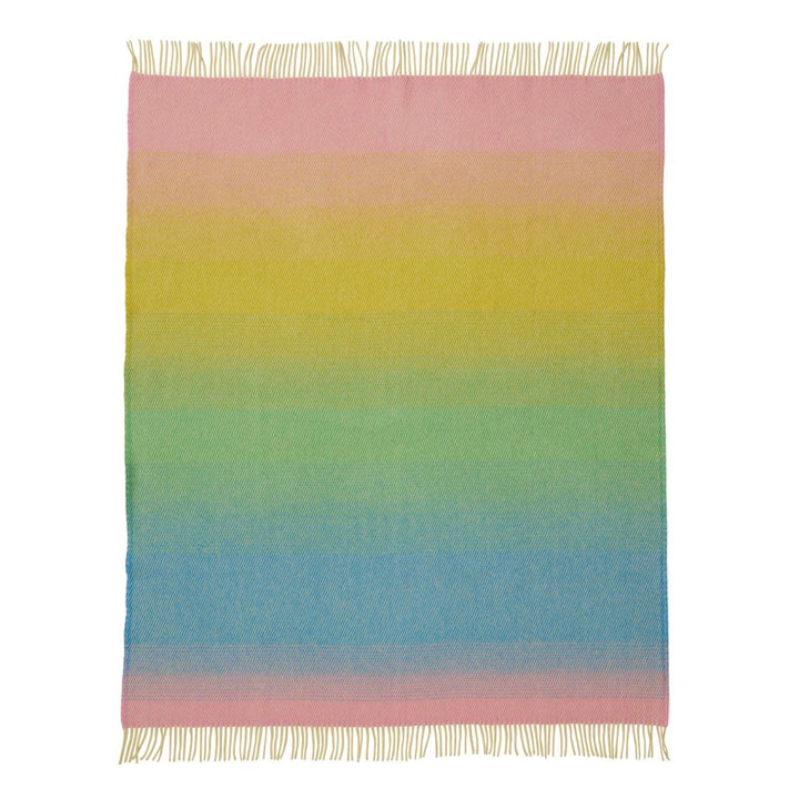 aurara pastel dream Multicolored striped blanket with fringed edges on a white background