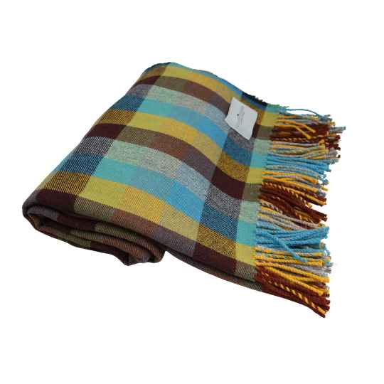 blue and mustard checked wool throw with colourful fringes on a white background