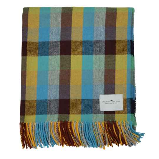 Plaid blanket with colorful pattern and fringes on a white background