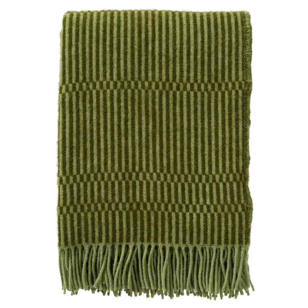 Boho green lambswool throw An olive green woven wool  throw blanket with a striped pattern and fringed edges, shown flat against a white background.