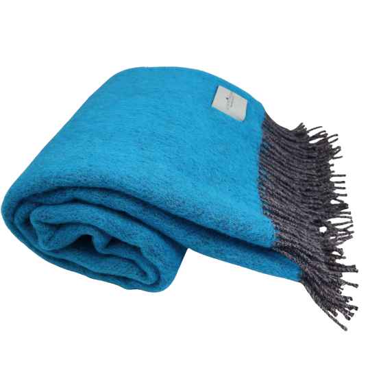 Blue blanket with gray fringe on a white background