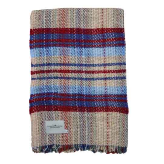 Plaid blanket with red, blue, and beige colors on a white background