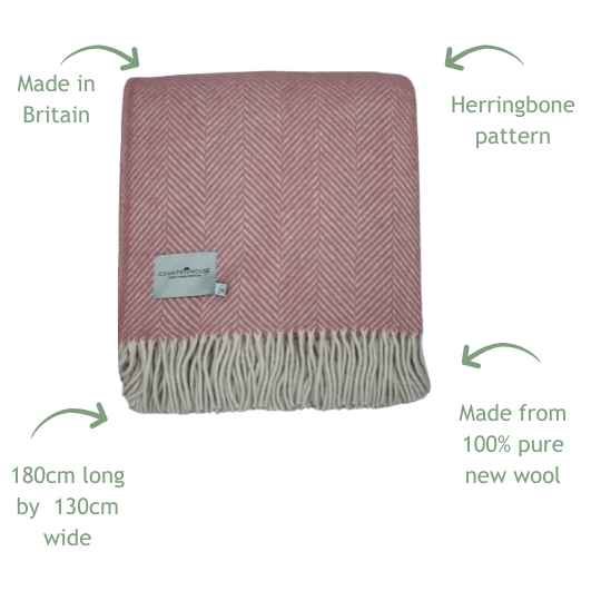 dusky pinkl herringbone wool throw details