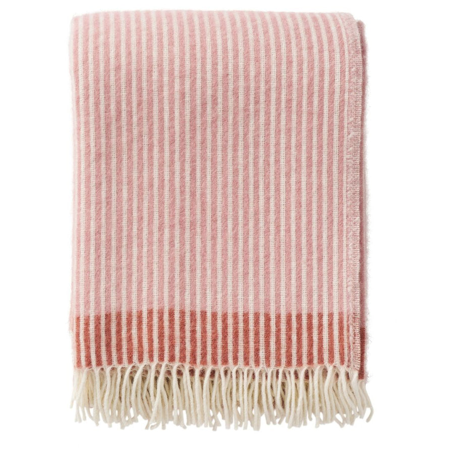 rib dusty pink folded wool throw showing cream stripes on a white background