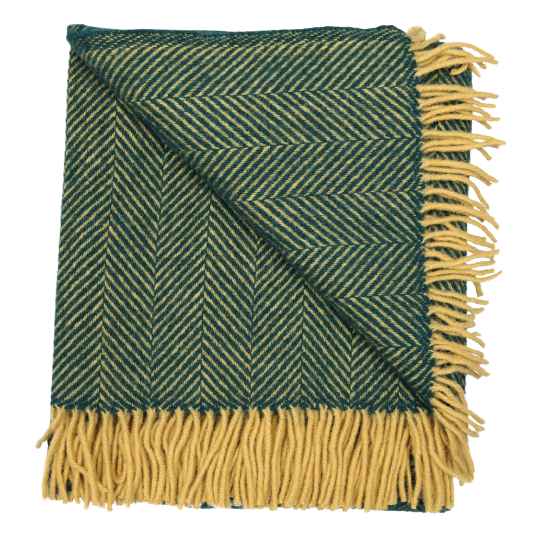 emerald and mustard herringbone wool throw