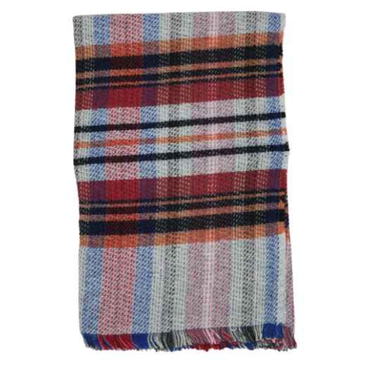 Plaid blanket with red, blue, and orange colors on a white background