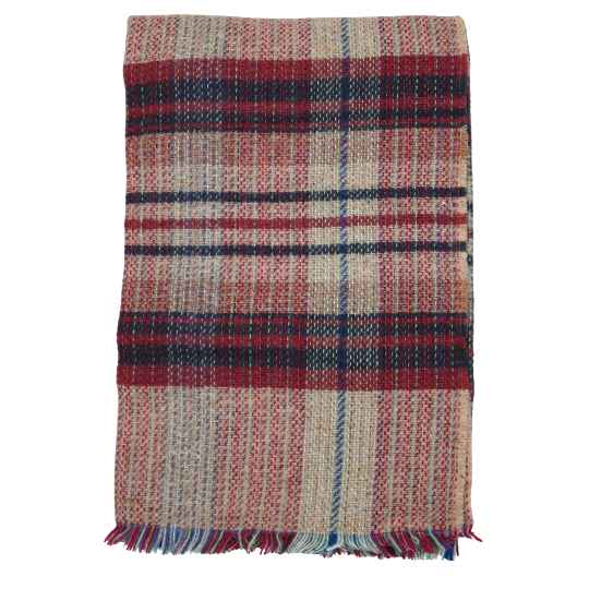 Plaid blanket with red, blue, and beige colors on a white background