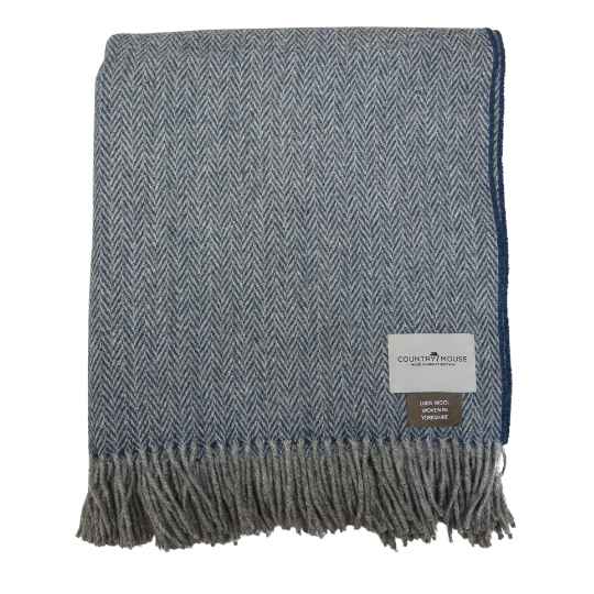 indigo blue herringbone wool throw rolled