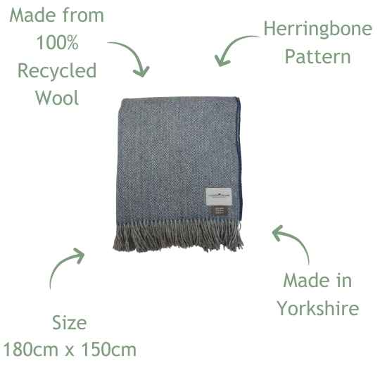indigo blue and grey herringbone wool throw features