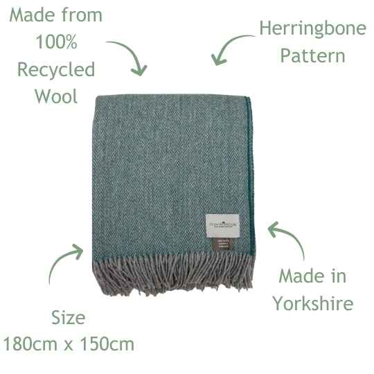 juniper and grey recycled herringbone wool throw features