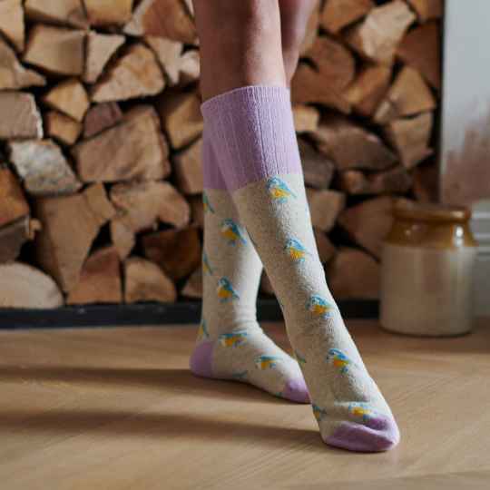 knee high lambswool blue bird socks