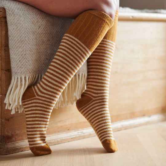 ladies knee high mustard striped socks