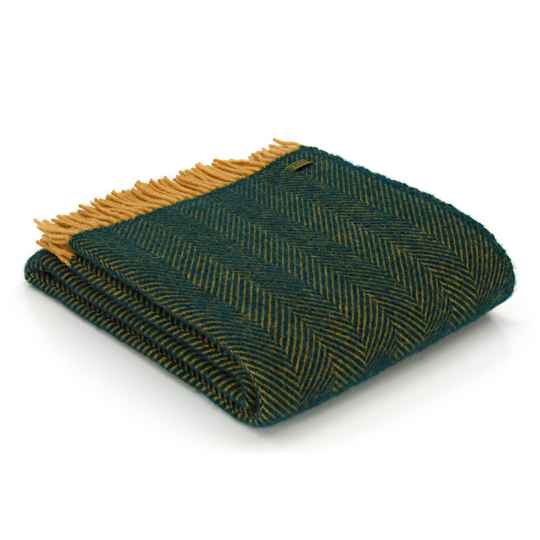 emerald and mustard herringbone wool blanket throw