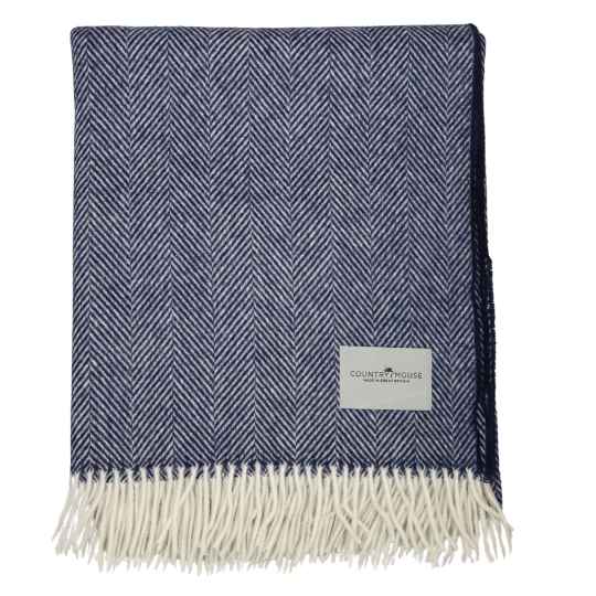 navy merino lambswool throw woven in a herringbone pattern