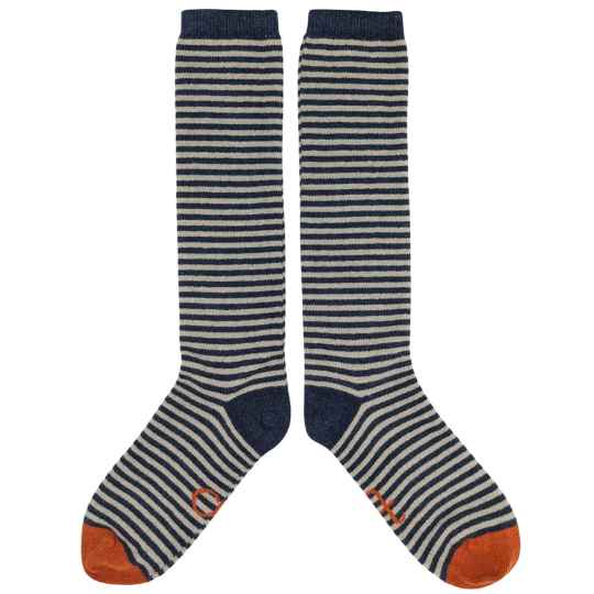 Pair of striped knee-high  lambswool socks with orange toes on a white background