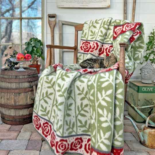Green patterned blanket draped over a wooden chair on a patio with a barrel and plants in the background.