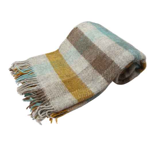 Gotland Turquoise  plaid wool blanket  rolled up