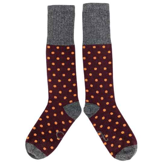 omens plum and peach small spot lambswool socks on a hite background