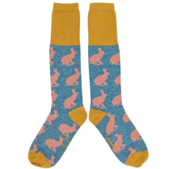 ladies rabbit knee high lambswool socks on a white background