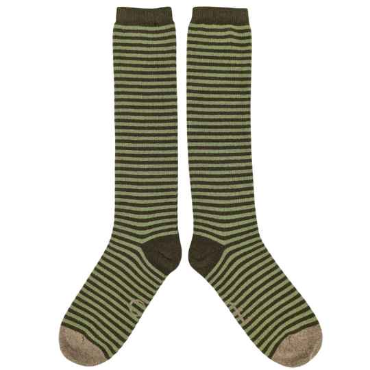pair of green striped lambswool knee socks on a white background