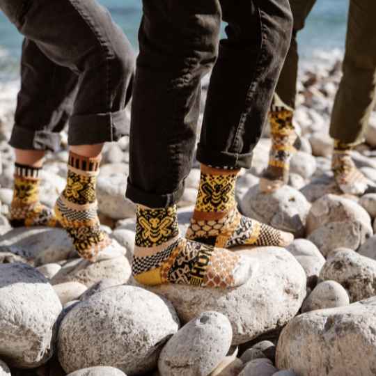 HOney bee solmate socks worn near the sea